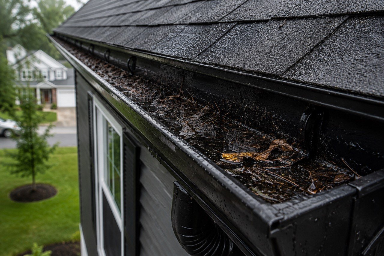 Clogged gutter full of debris causing water damage to Bucks County home