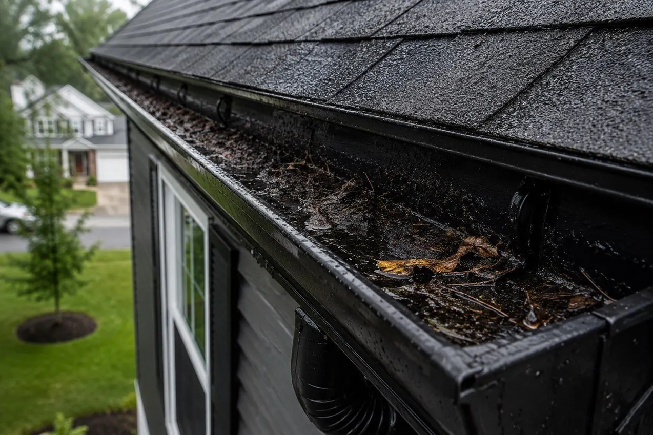 Damaged, sagging gutter in need of repair on a Bucks County home