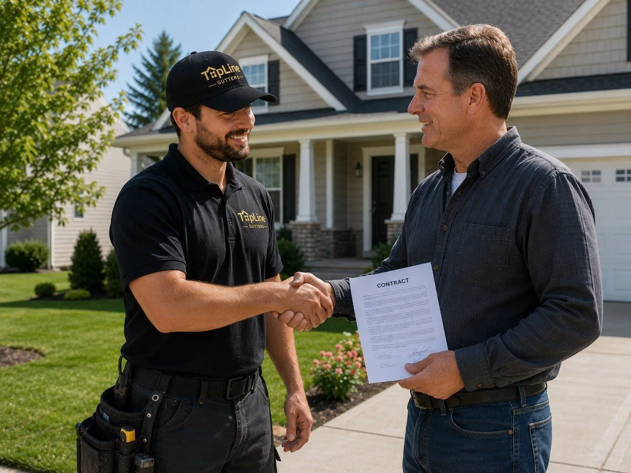 Contractor reviewing a gutter installation contract for a commercial property