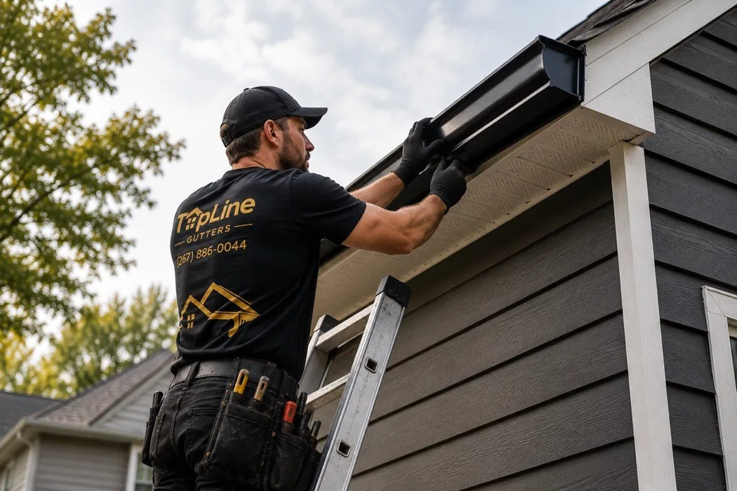 TopLine Gutters installer fitting a seamless gutter on a Bucks County home